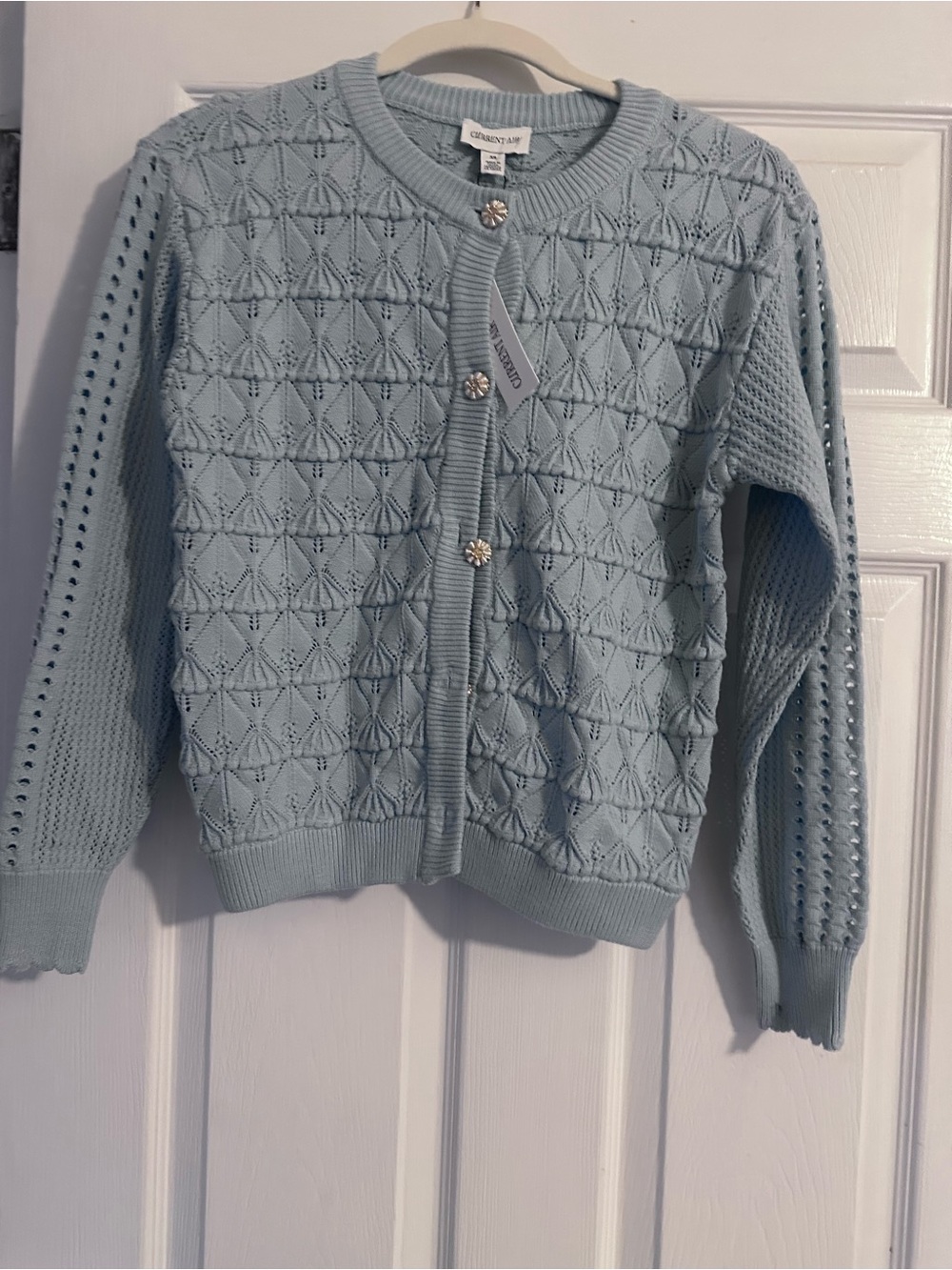 Current Air Light Blue Diamond-Pattern Knit Cardigan with Decorative Buttons